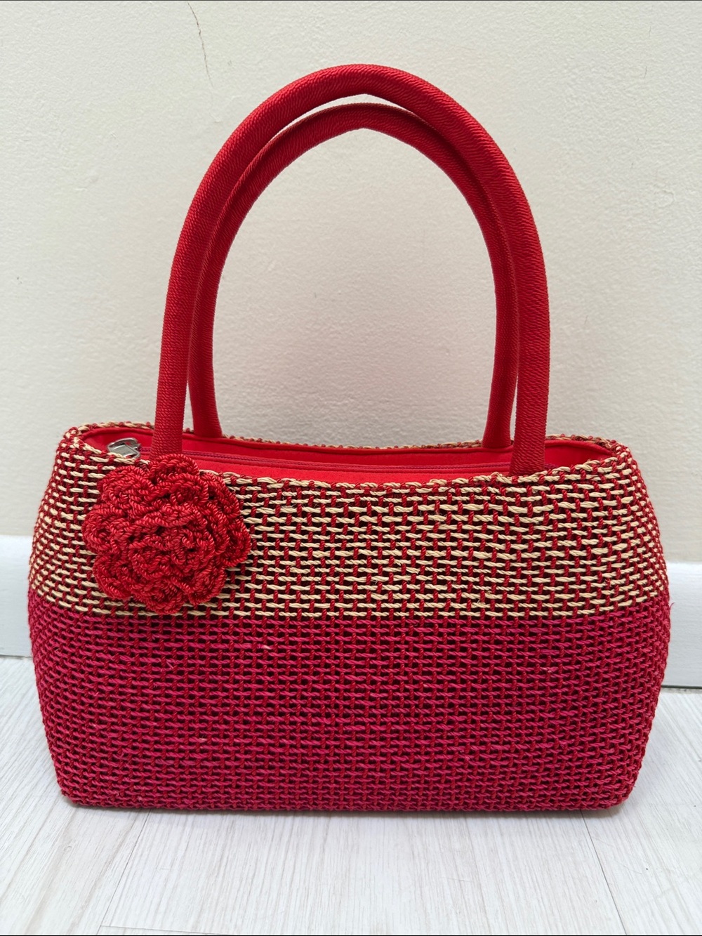Red Woven Floral Accent Hand Bag